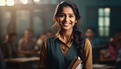 Teacher's Day in India. The smiling Indian teacher. a female teacher in the background of a classroom