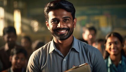 Teacher's Day in India. A smiling Hindu teacher in a classroom. male teacher in the background of the classroom