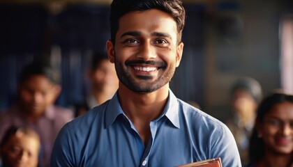 Teacher's Day in India. A smiling Hindu teacher in a classroom. male teacher in the background of the classroom