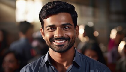 Teacher's Day in India. A smiling Hindu teacher in a classroom. male teacher in the background of the classroom