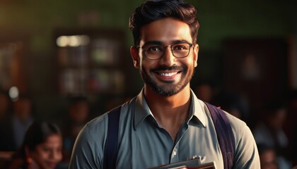 Teacher's Day in India. A smiling Hindu teacher in a classroom. male teacher in the background of the classroom