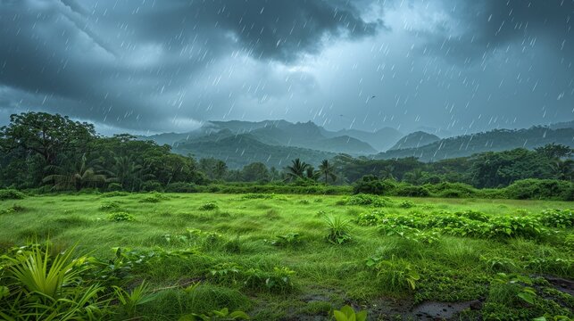 Atmospheric Indian monsoon season: raindrops, lush vegetation, and cloudy skies in the countryside.