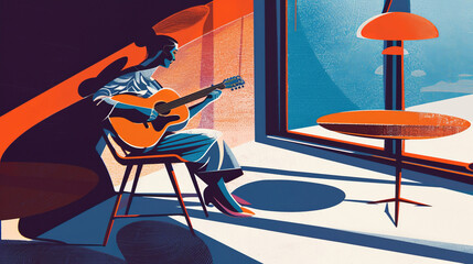 Illustration of a woman playing a guitar in a retro style