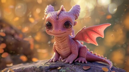 Adorable pink dragon with enchanting eyes and vibrant wings perched on a rock, exuding a charming and mystical aura.