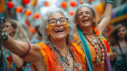 Fototapeta premium A telephoto angle capture of LGBTQ+ elders dancing at a community event, showcasing joy and freedom, environmental scientists, engineers, activists working, environmental conservat
