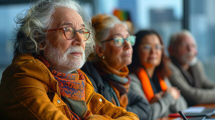 A telephoto angle shot of LGBTQ+ elders participating in a panel discussion, sharing their life stories and advocating for LGBTQ+ rights, environmental scientists, engineers, activ
