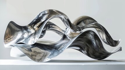 Abstract steel sculpture of a wave reflecting light on a white surface, bannerstyle image.