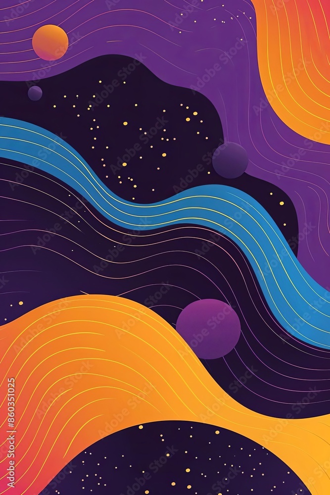 Poster abstract colorful waves and planets with dark background