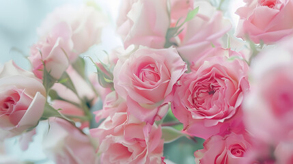 Delicate blooming festive light pink roses and bright flowers blossoming rose flower background bouquet floral card selective focus shallow DOF : Generative AI