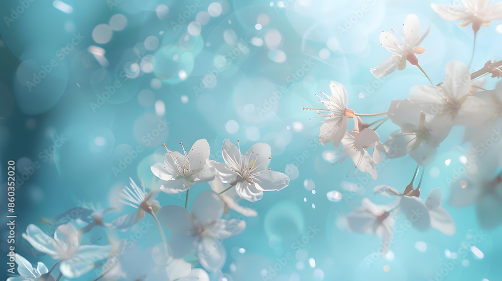 Poster beautiful spring nature background with lovely blossom petal and bokeh on turquoise blue background 