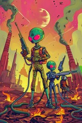 Colorful Sci-Fi Scene with Robots and Alien Landscape