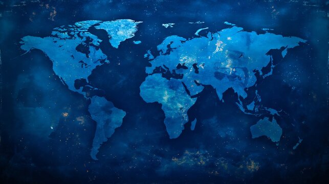 Fototapeta A blue world map on a dark background.