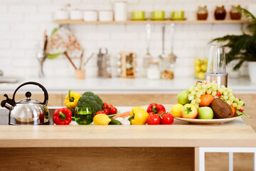 Fresh Vegetables And Fruits On Kitchen Table, Modern Kitchen Interior