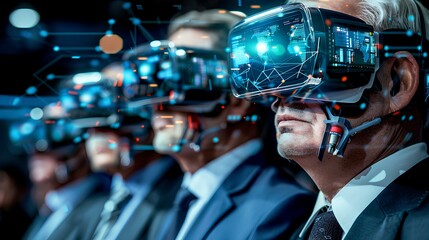 Business professionals wearing VR headsets in a tech conference
