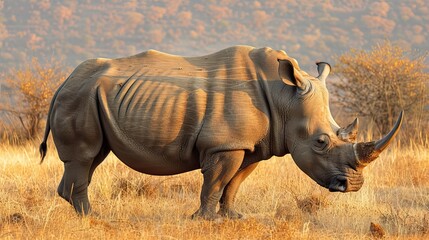 Fototapeta premium Majestic Rhinoceros Grazing in African Savanna at Golden Hour