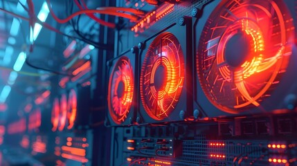 The fans on an mining rig, with red and orange lights glowing in harmony. capturing the energy from each fan blade against a backdrop of digital streams, powerful remoteness.