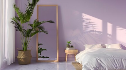 A cozy bedroom featuring soft lavender wall paint, a minimalist white bed frame, and natural oak nightstands. creating an illusion of more space.