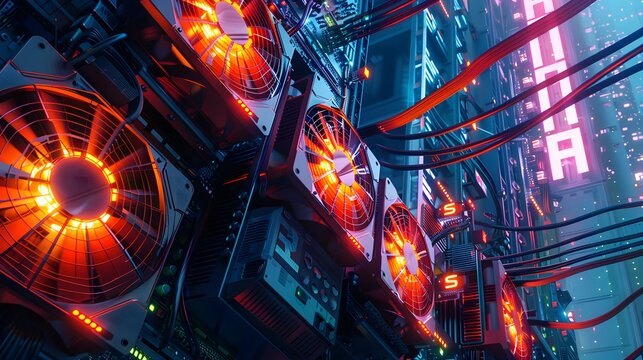 The fans on an mining rig, with red and orange lights glowing in harmony. capturing the energy from each fan blade against a backdrop of digital streams, powerful remoteness.