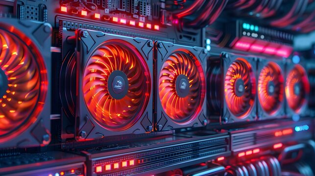 The fans on an mining rig, with red and orange lights glowing in harmony. capturing the energy from each fan blade against a backdrop of digital streams, powerful remoteness.