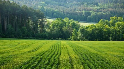 Fototapeta premium Agricultural field with forest background for copy space