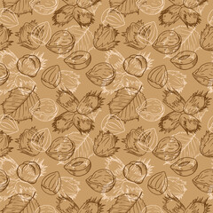 Hazel nut hand drawn seamless vector pattern. Repeating background with engraved hazelnut in shell, peeled, leaves. Natural healthy food, forest plants, autumn. Floral motif, rapport with texture 
