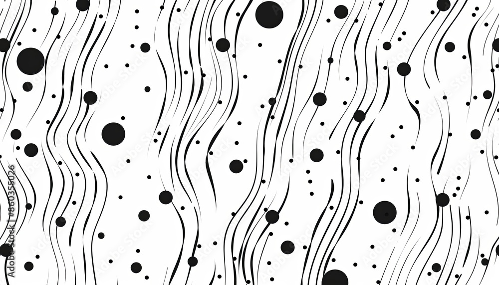 Poster abstract black and white pattern with dots and wavy lines