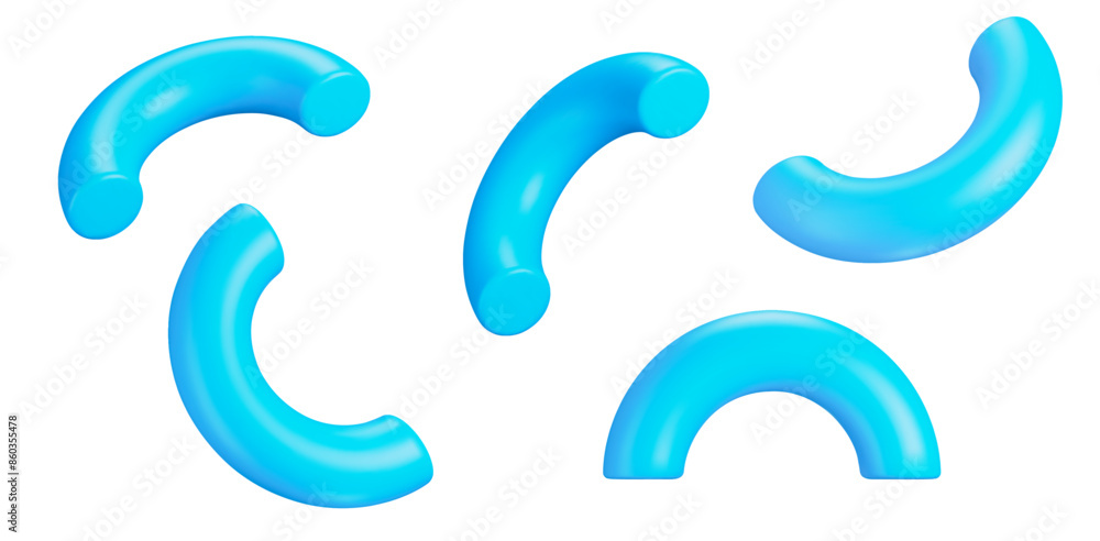 Poster 3d set of blue half of torus symbol or icon with different angles. geometry figure tor form. stock v