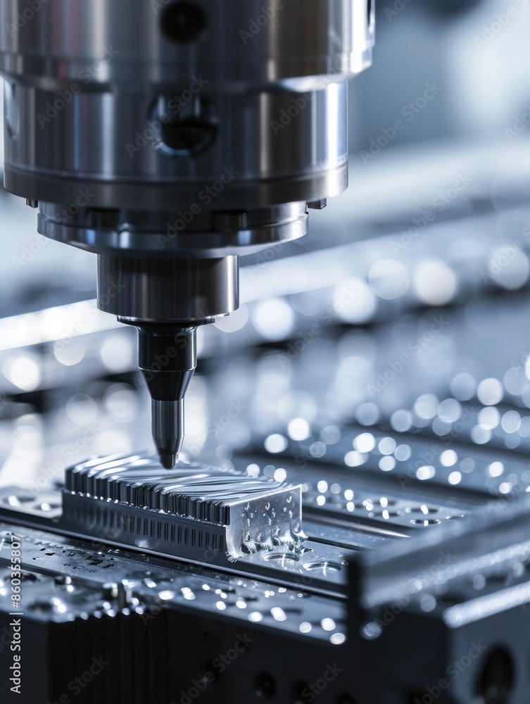 Poster cnc machine milling metal part with precision and accuracy in a factory setting.