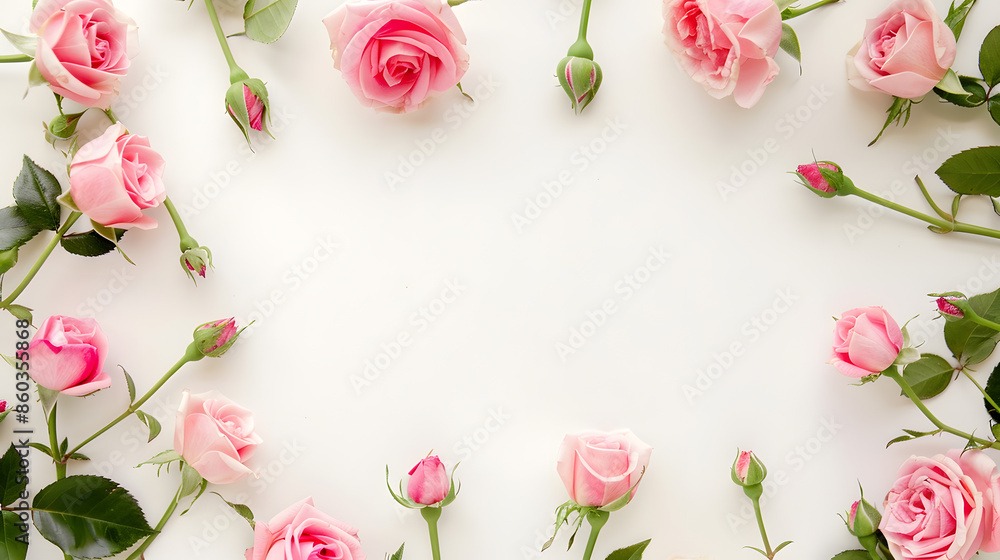 Poster round frame wreath pattern with roses pink flower buds branches and leaves isolated on white backgro