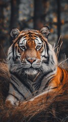 Fototapeta premium Tiger resting tall grass intense gaze forest vertical background