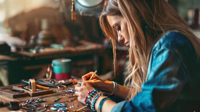 Caucasian woman crafting handmade jewelry at cluttered workbench, focused on intricate designs