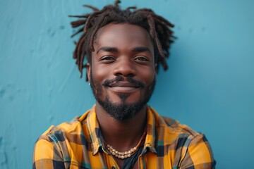 Obraz premium Ethnic man with braided hair on blue background
