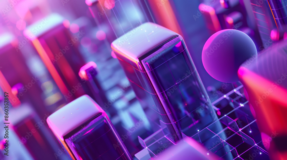 Poster abstract geometric background combining colors and gradient elements. a high-tech city with a purple