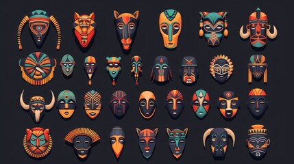 This vibrant assemblage features various African tribal masks with unique patterns and colors set against a dark backdrop