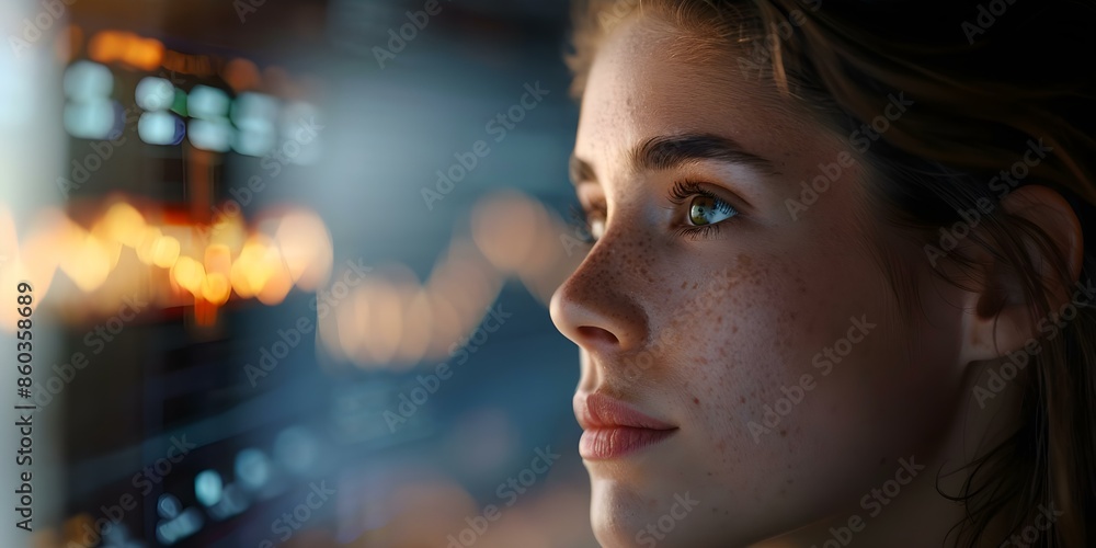 Poster woman in front of illuminated data interface symbolizing information analysis or technology. concept