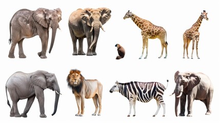 Obraz premium An assorted group of wild animals on a white background with the lion's face blurred for privacy