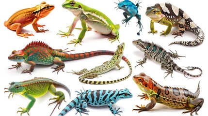 An array of colorful and diverse reptiles including lizards and frogs against a white backdrop