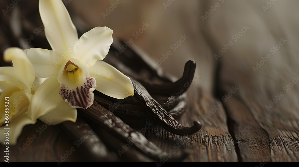 Poster vanilla flowers and pods close up vanilla beans over wooden background macro shot aromatic condiment