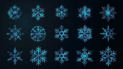 Multiple glowing snowflakes with a variety of patterns are displayed on a black backdrop, emphasizing their luminous quality