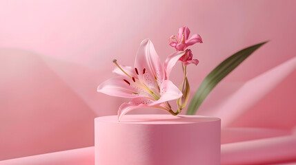 Obraz premium Podium with pink lily round cylinder scene with flowers on pink background display for cosmetics perfume and product presentation : Generative AI