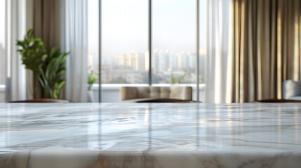 Fototapeta premium A marble table with dark wood legs in the foreground, set against an out-of-focus living room background with large windows and curtains.