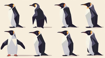 A collection of penguin graphics in geometric style displaying different poses and angles
