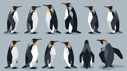 Obraz premium Twelve distinct geometric penguins are arranged against a grey background, representing a group