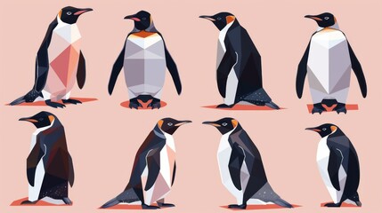 Set of vibrantly colored geometric penguins, showcasing various patterns and hues