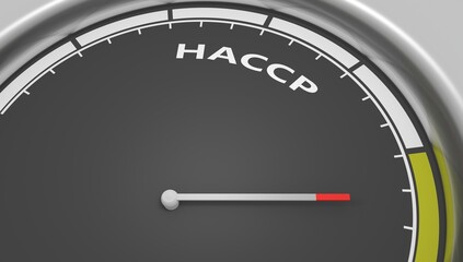HACCP - Hazard Analysis and Critical Control Points acronym. Instrument scale with arrow. Colorful infographic gauge element. 3D render