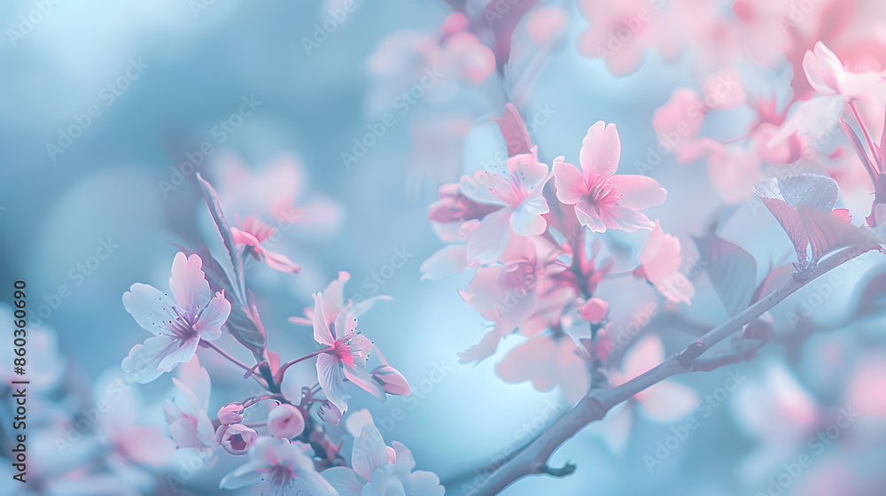 Poster Beautiful soft spring background Pink flowers on cherry tree branch on blue and pearl pastel background soft focus macro Expressive artistic image of spring nature ultra wide format Co : Generative AI