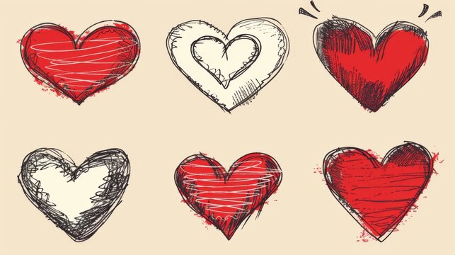 Six heartfelt designs showing sketched hearts in various states of completeness and style, predominantly red
