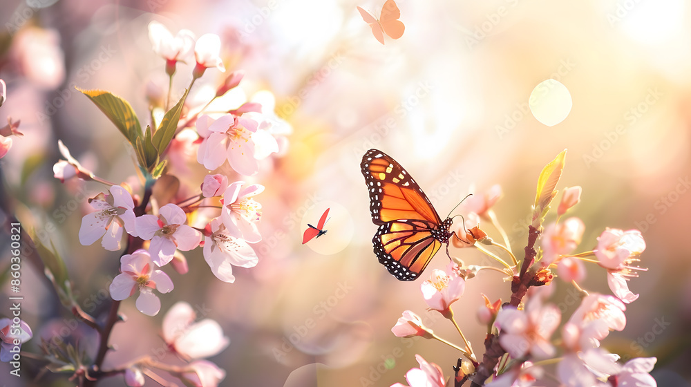 Poster spring background with pink blossom and fly butterfly beautiful nature scene with blooming tree and 