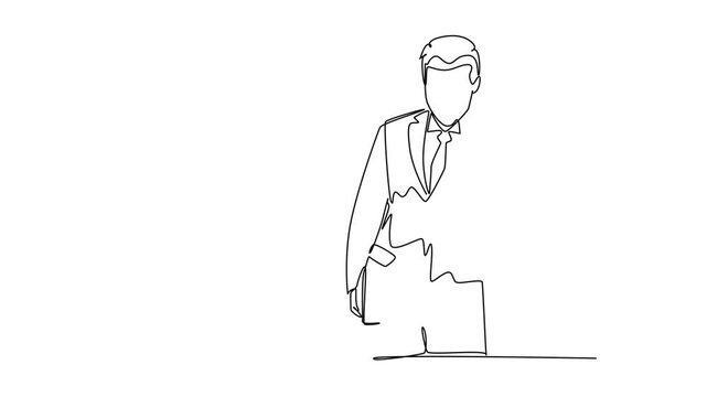 Animated self drawing of continuous line draw young salesman promote and introduce new smartphone device series to customer. Product introduction marketing concept. Full length single line animation