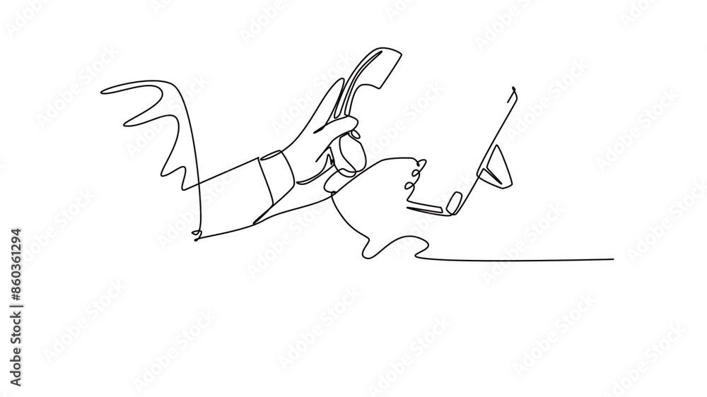 Poster animated self drawing of continuous line draw of gesture female hand picking handle retro classic an